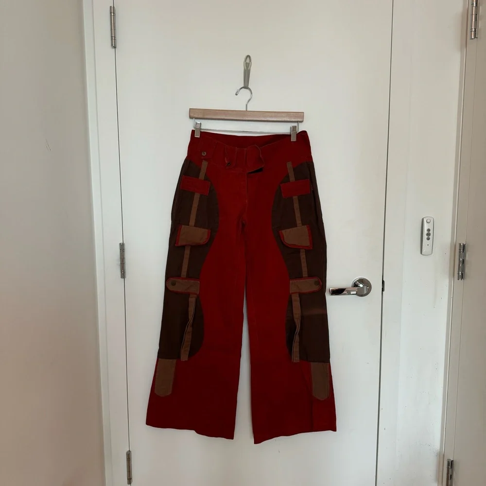 BROWN RUST AND TAN CARGO POCKET LOW RISE WIDE LEG RAVE FESTIVAL HIPPY PANT - Picture 3 of 6